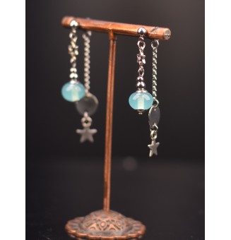 Boucles d'oreilles "Vert nymph" double pendants en  acier inoxydable avec perles de verre