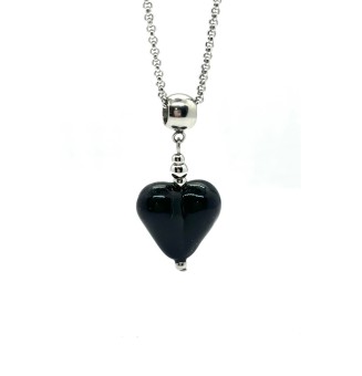 collier COEUR 45 + 3 cm "Noir" perles de verre filé au chalumeau