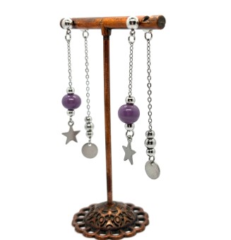 Boucles d'oreilles "violet opaque" double pendants en  acier inoxydable avec perles de verre