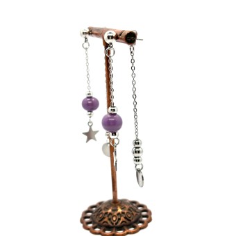 Boucles d'oreilles "violet opaque" double pendants en  acier inoxydable avec perles de verre