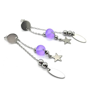Boucles d'oreilles "MAUVE Mate " double pendants en  acier inoxydable avec perles de verre