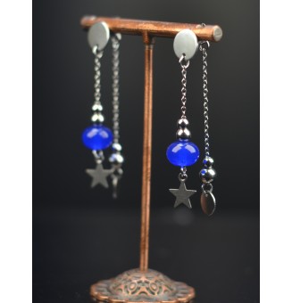 Boucles d'oreilles "bleues" double pendants en  acier inoxydable avec perles de verre