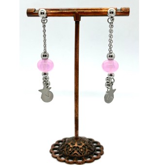 Boucles d'oreilles "ROSE" double pendants en  acier inoxydable avec perles de verre