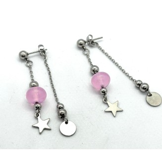 Boucles d'oreilles "ROSE" double pendants en  acier inoxydable avec perles de verre