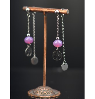 Boucles d'oreilles "VIOLET Rosé" double pendants en  acier inoxydable avec perles de verre