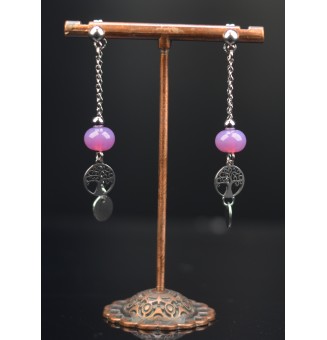 Boucles d'oreilles "VIOLET Rosé" double pendants en  acier inoxydable avec perles de verre