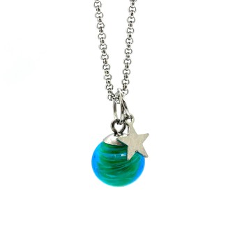 collier etoile  40 + 5 cm "bleu vert" perles de verre filé au chalumeau