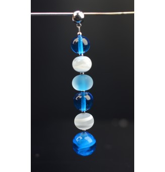 pendentif pour collier "turquoise et blanc" avec perles de verre sur beliere acier inoxydable