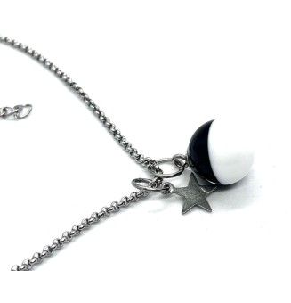 collier étoile 43 + 5 cm "noir blanc" perles de verre filé au chalumeau