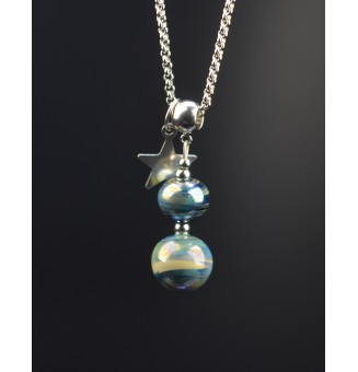 collier étoile 49 + 3 cm "bleu vert or" perles de verre filé au chalumeau