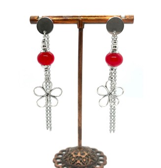 Boucles d'oreilles fleur "rouge" double pendants en  acier inoxydable avec perles de verre