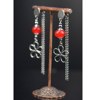 Boucles d'oreilles fleur "rouge" double pendants en  acier inoxydable avec perles de verre