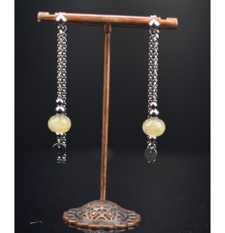 Boucles d'oreilles "ivoire ruban" double pendants en  acier inoxydable avec perles de verre