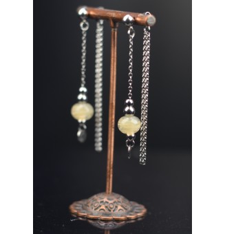 Boucles d'oreilles "ivoire ruban" double pendants en  acier inoxydable avec perles de verre