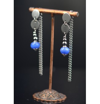 Boucles d'oreilles "bleu" double pendants en  acier inoxydable avec perles de verre