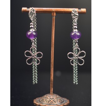 Boucles d'oreilles fleur "VIOLET" double pendants en  acier inoxydable avec perles de verre