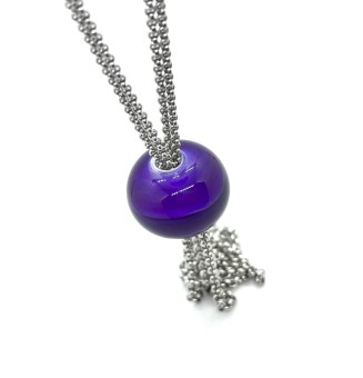 collier violet avec perles de verre, acier inoxydable 70+3 cm
