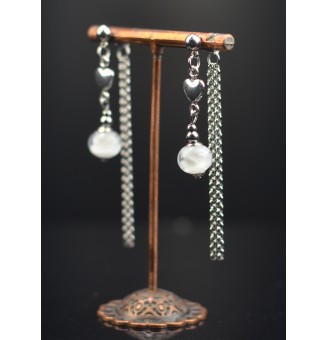 Boucles d'oreilles "blanches" double pendants en  acier inoxydable avec perles de verre
