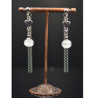 Boucles d'oreilles "blanches" double pendants en  acier inoxydable avec perles de verre