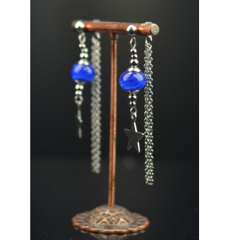 Boucles d'oreilles étoile "bleu " double pendants en  acier inoxydable avec perles de verre