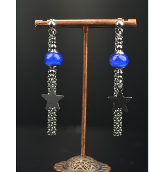 Boucles d'oreilles étoile "bleu " double pendants en  acier inoxydable avec perles de verre