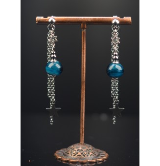 Boucles d'oreilles étoile "bleu pétrole" double pendants en  acier inoxydable avec perles de verre