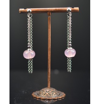 Boucles d'oreilles "rose" double pendants en  acier inoxydable avec perles de verre