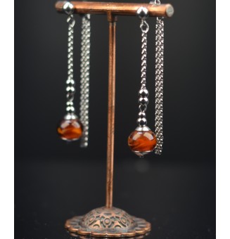 Boucles d'oreilles "CARAMEL" double pendants en  acier inoxydable avec perles de verre