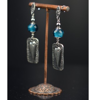 Boucles d'oreilles  "bleu pétrole"  en  acier inoxydable avec perles de verre