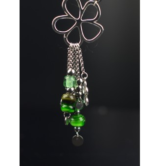 collier fleur  "  vert" avec perles de verre, acier inoxydable 70 cm