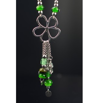 collier fleur  "  vert" avec perles de verre, acier inoxydable 70 cm
