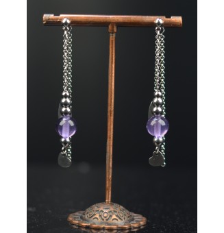 Boucles d'oreilles "violet translucide" double pendants en  acier inoxydable avec perles de verre