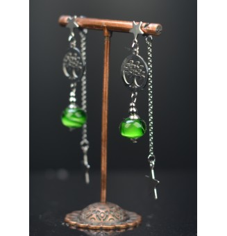 Boucles d'oreilles "vert rosetta" double pendants en  acier inoxydable avec perles de verre