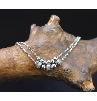 Bracelet de cheville double rangs en acier inoxydable et perles de verre25 cm + 3 cm