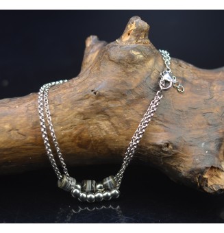 Bracelet de cheville double rangs en acier inoxydable et perles de verre25 cm + 3 cm