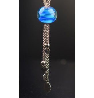 collier " 2 BLEUS" avec perles de verre, acier inoxydable 72 cm