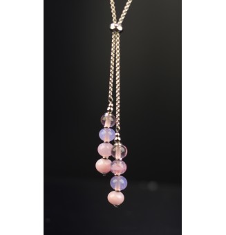 Collier chaine coulissante en acier avec perles "rose"  63+3 Cm