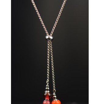 Collier chaine coulissante en acier avec perles "rouge orange rubis"  70+3 Cm