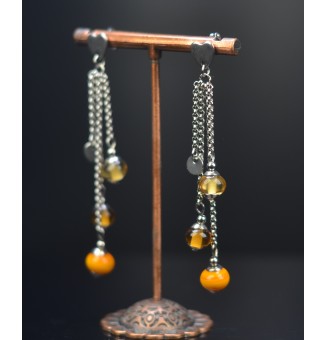 Boucles d'oreilles  "JAUNE"  en  acier inoxydable avec perles de verre