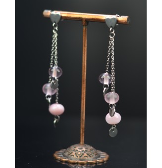 Boucles d'oreilles  "ROSE" en  acier inoxydable avec perles de verre