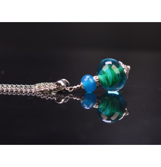 collier  72 + 3 cm "BLEU VERT " perles de verre filé au chalumeau