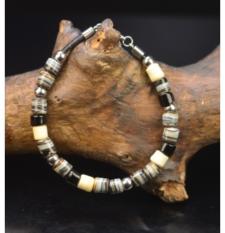 Bracelet en perles de verre "noir, pierre et ivoire " (pour poignet 18.5 à 20 cm )