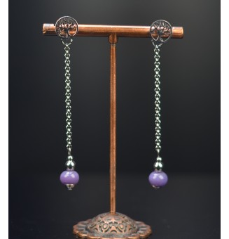 Boucles d'oreilles arbre de vie  "violet"  en  acier inoxydable avec perles de verre
