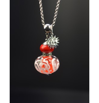 collier soleil 70+3 cm "rouge blanc" perles de verre filé au chalumeau