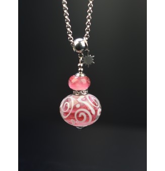 collier  72+3 cm "rose blanc" perles de verre filé au chalumeau