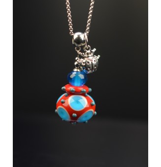 collier  72+3 cm "BLEU ROUGE" perles de verre filé au chalumeau
