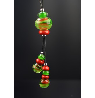 collier avec perles de verre Rouge vert  70 cm et cuir noir