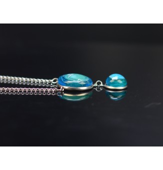 collier  68 cm "bleu vert argent" perles de verre filé au chalumeau