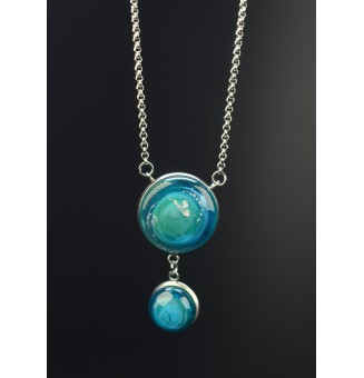 collier  68 cm "bleu vert argent" perles de verre filé au chalumeau