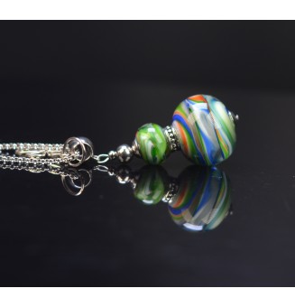 collier  70+3 cm "VERT ROUGE" perles de verre filé au chalumeau